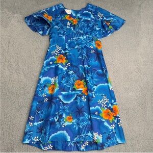 Royal Hawaiian vintage blue orange hibiscus dress flutter sleeve Hawaiian S M
